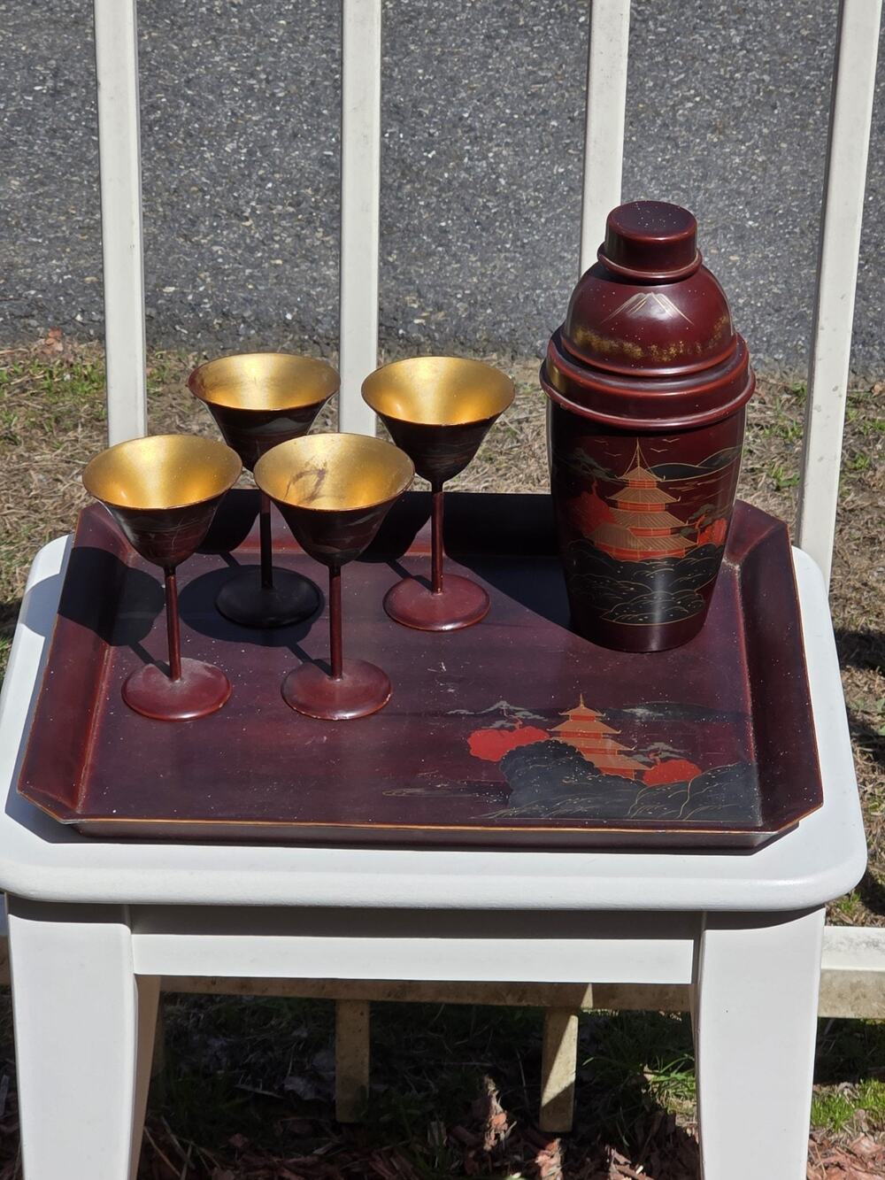 Antique Japanese Maruni Red Lacqured Cocktail Set: Tray, Shaker, Gobblets MCM